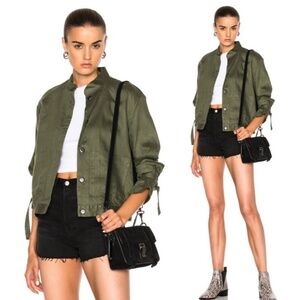 FRAME Army Olive Great Denim Tie Cuff Linen Utilitarian Pocket Jacket XS